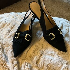 Ann Taylor Black Suede Slingback Heels with Gold Buckles Size 7. Never worn!